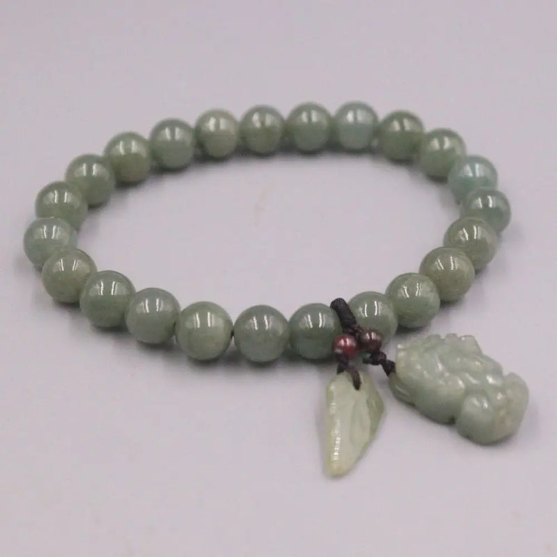 Jadeite Pixiu Leaf Pendant Bracelet Green Beaded Men Women Gift