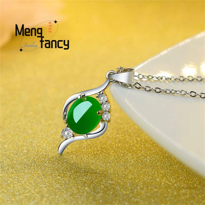Natural Jade Pendant Amulets Chalcedony 925 Silver