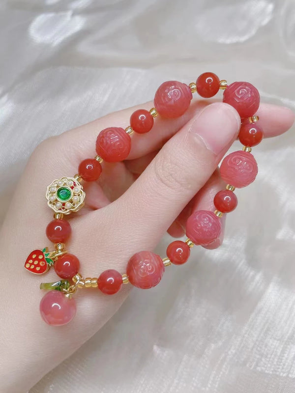 Jade Red Agate Peach Bracelet Adjustable Bangle Charm