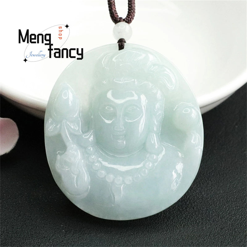 Natural Jadeite Avalokitesvara Head Statue Pendant Men Women Jewelry