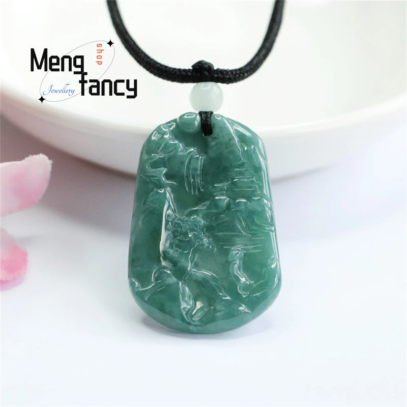 Natural Jadeite Water Carving Landscape Pendant Charm Jewelry
