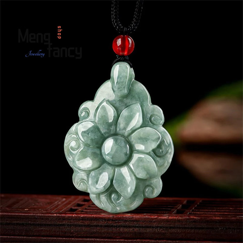 Jadeite Ice Longevity Flower Pendant Charm Necklace