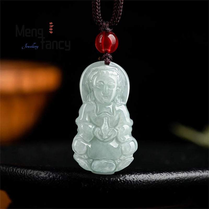 Jadeite Ice Seed Guanyin Pendant Charms Engraver Jewelry Amulet