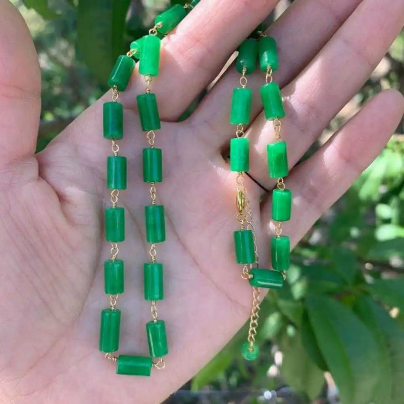Natural Jadeite Jade Cylinder Beads Necklace 18inch