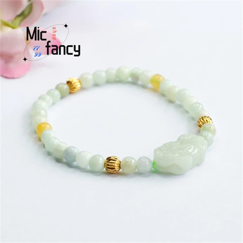 Jadeite Jade Pixiu Inter-pearl Bracelet Ethnic Charm Holiday Gift