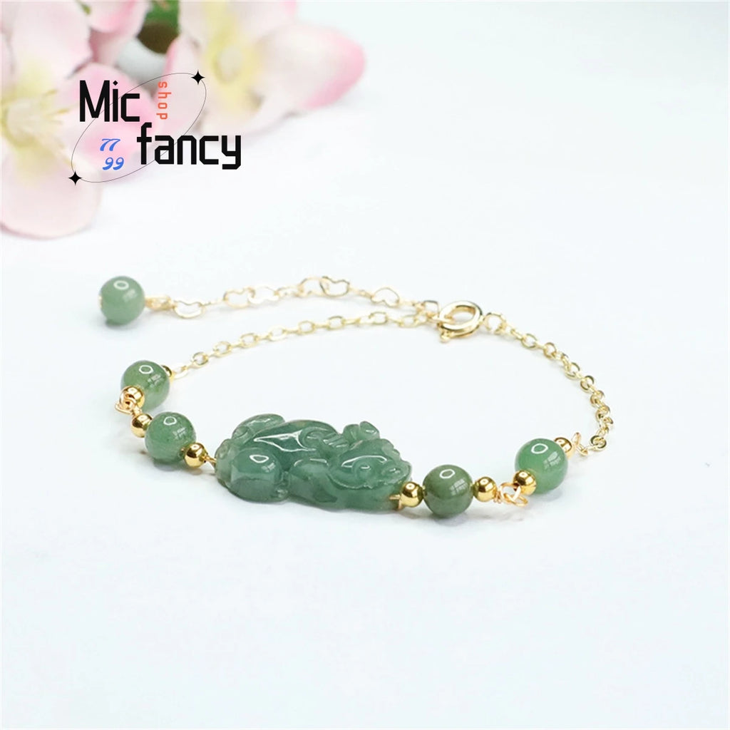 Natural Jadeite Pixiu Oil Green Bead Bracelet Vintage Style