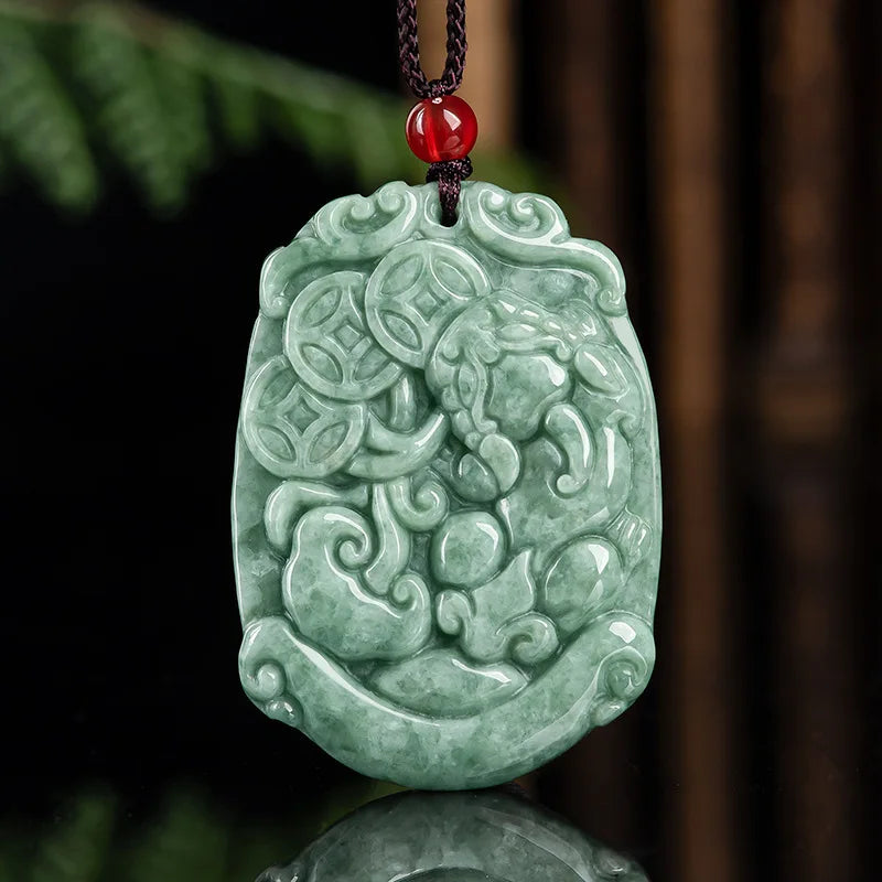 Jadeite Pixiu Pendant Ice Jade Charm Necklace Luck Amulet with Chain