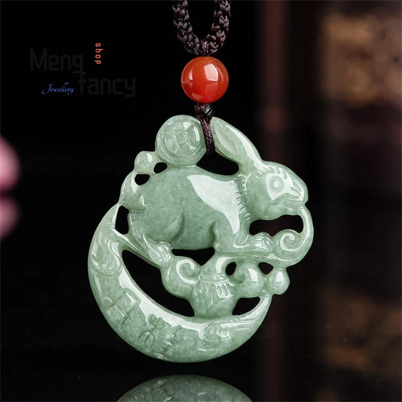 Jadeite Jade Hare Moon Pendant Amulet Engraver Necklace Jewelry