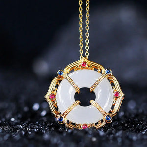 Natural Jue Suet Peace Buckle Hotian Jade Pendant Necklace for Women