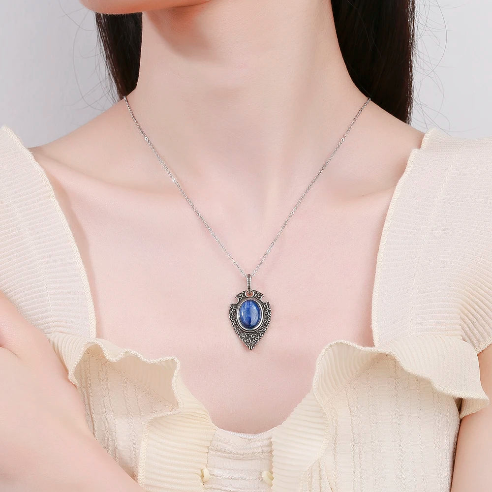 Kyanite Pendant S925 Silver Necklace for Women Vintage Style Jewelry
