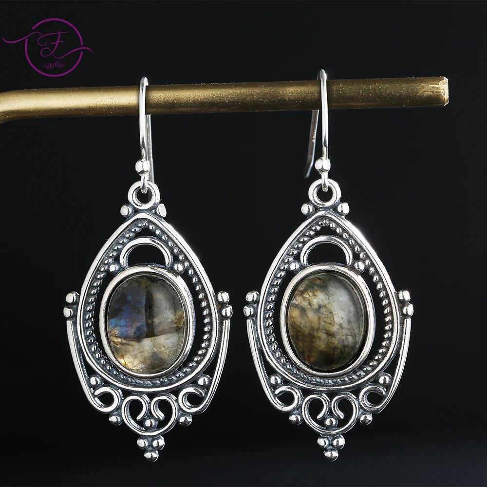 Labradorite Earrings Sterling Silver 925 Oval Stone Vintage Gift Party