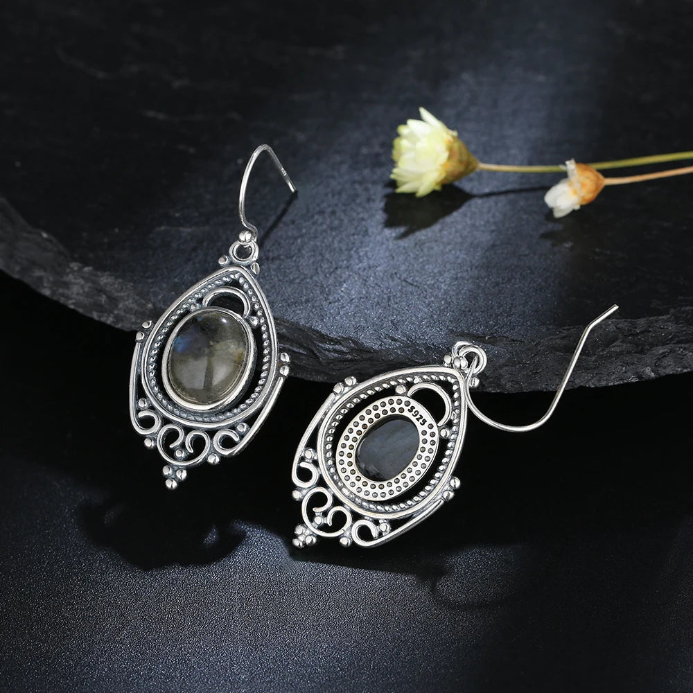 Labradorite Earrings Sterling Silver 925 Oval Stone Vintage Gift Party