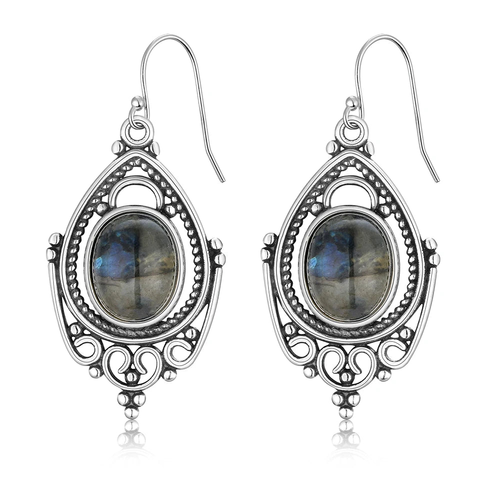 Labradorite Earrings Sterling Silver 925 Oval Stone Vintage Gift Party
