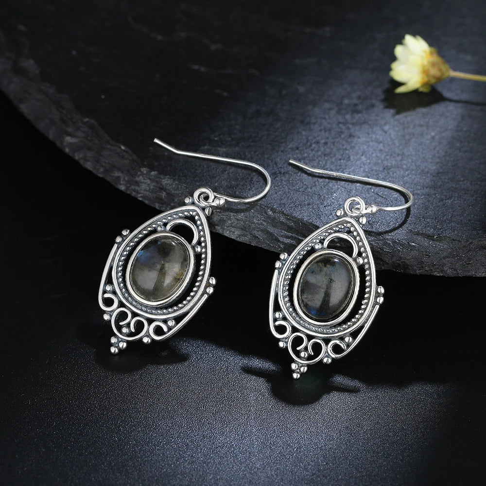 Labradorite Earrings Sterling Silver 925 Oval Stone Vintage Gift Party