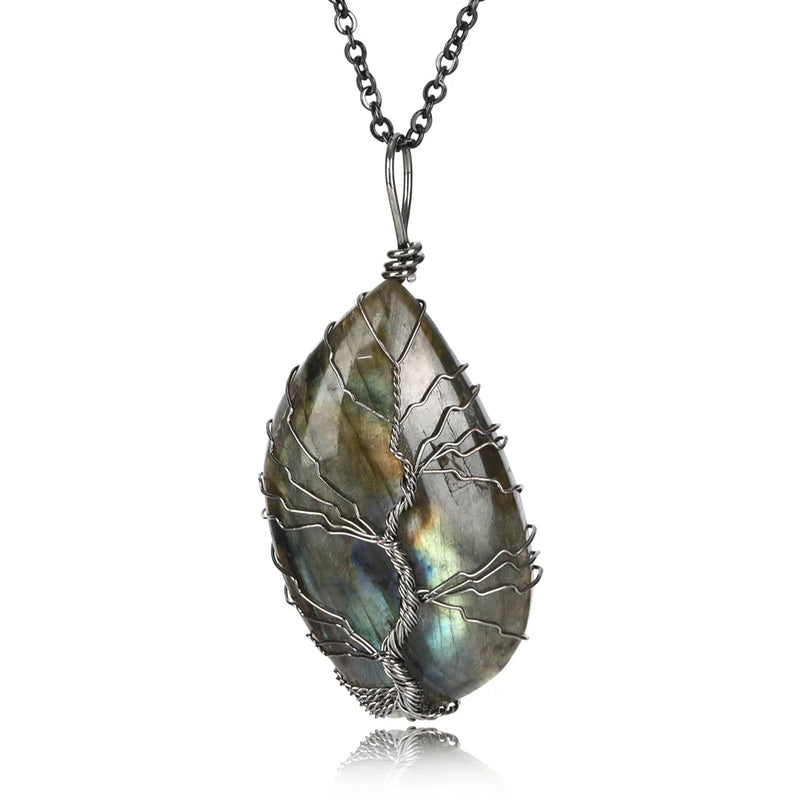 Labradorite Life Tree Gun-black Pendant Necklace