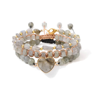 Labradorite Stone Bracelet Love Heart Charm Bracelet 3Pcs/Set