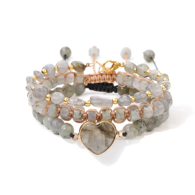 Labradorite Stone Bracelet Love Heart Charm Bracelet 3Pcs/Set