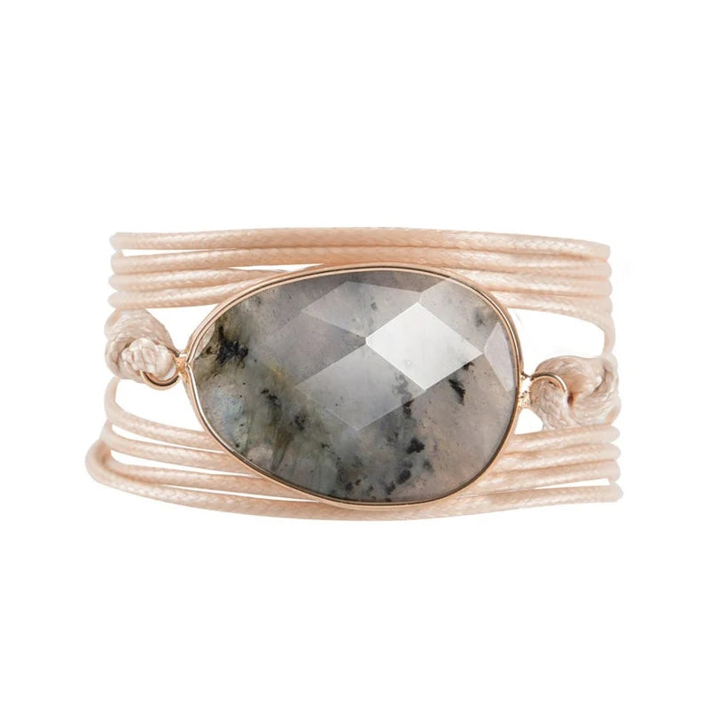Labradorite Stone Wrap Bracelet 5-Layer Vegan Wax Rope Charm Couple Gift