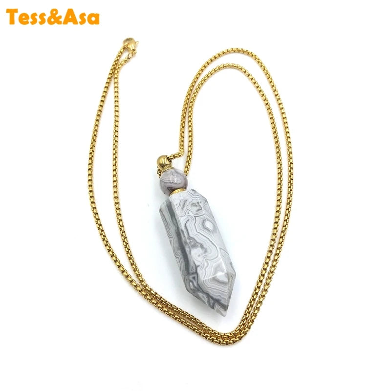Lace Agate Hexagon Prism Perfume Bottle Pendant for Necklace