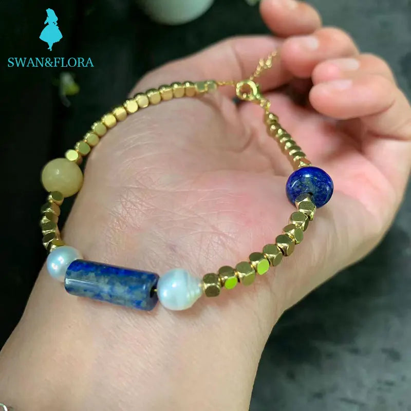 Natural Lapis Bracelet Stone Irregular Jewelry Citrine Freshwater Pearl