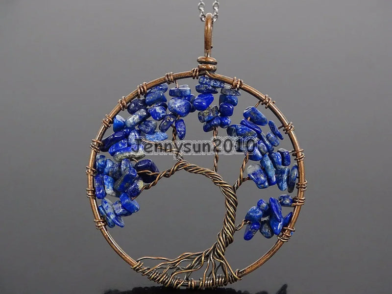 Lapis Lazuli Chip Beads Tree of Life Pendant Necklace