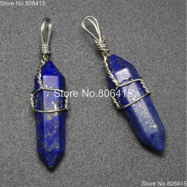 Lapis Lazuli Wire Wrap Hexagonal Pointed Healing Pendant Necklaces Earrings