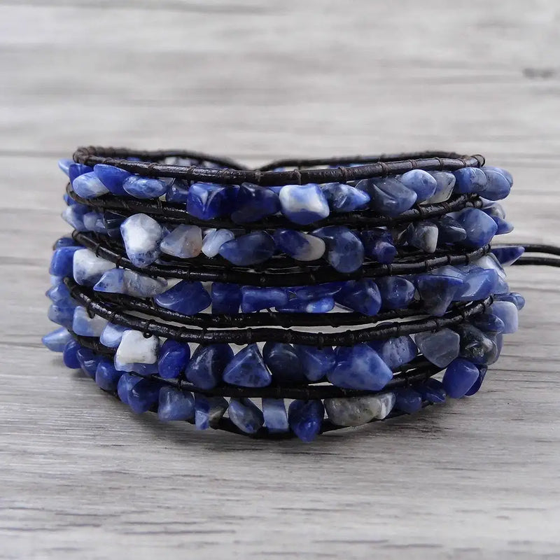 Lapis Lazuli Leather Bracelet Chip Beads Wrap Stackable Bracelet