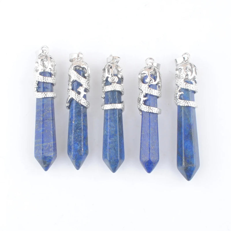 Lapis Lazuli Dragon Pendant Hexagonal Pillar Charm 5Pcs
