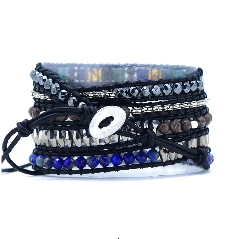 Vintage Leather Bracelet Natural Lapis Stone Wrap Bracelet