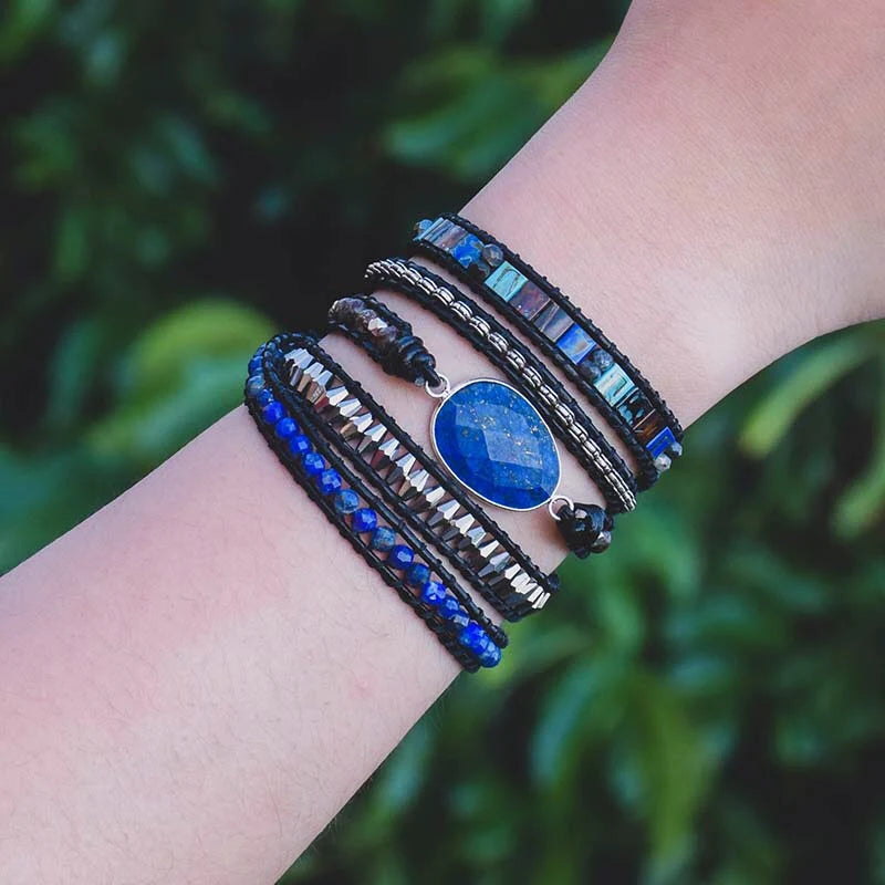 Vintage Leather Bracelet Natural Lapis Stone Wrap Bracelet