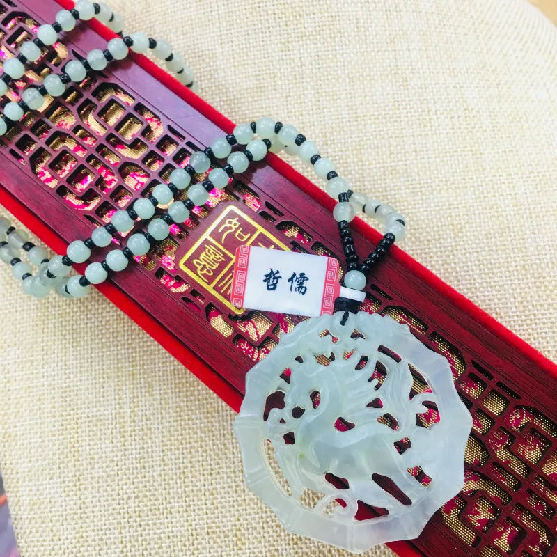 Xiuyan Jade Carved Dragon Horse Pendant Necklace Sweater Chain
