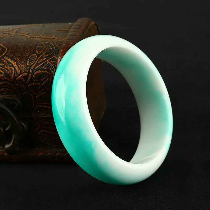 Hand-carved Wide Jade Bracelet - Blue-green Beauty Bracelet