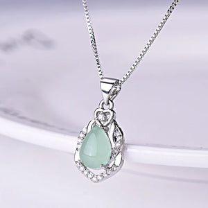 Green Jade Drop Pendant Necklace 925 Silver Jadeite Chalcedony Amulet