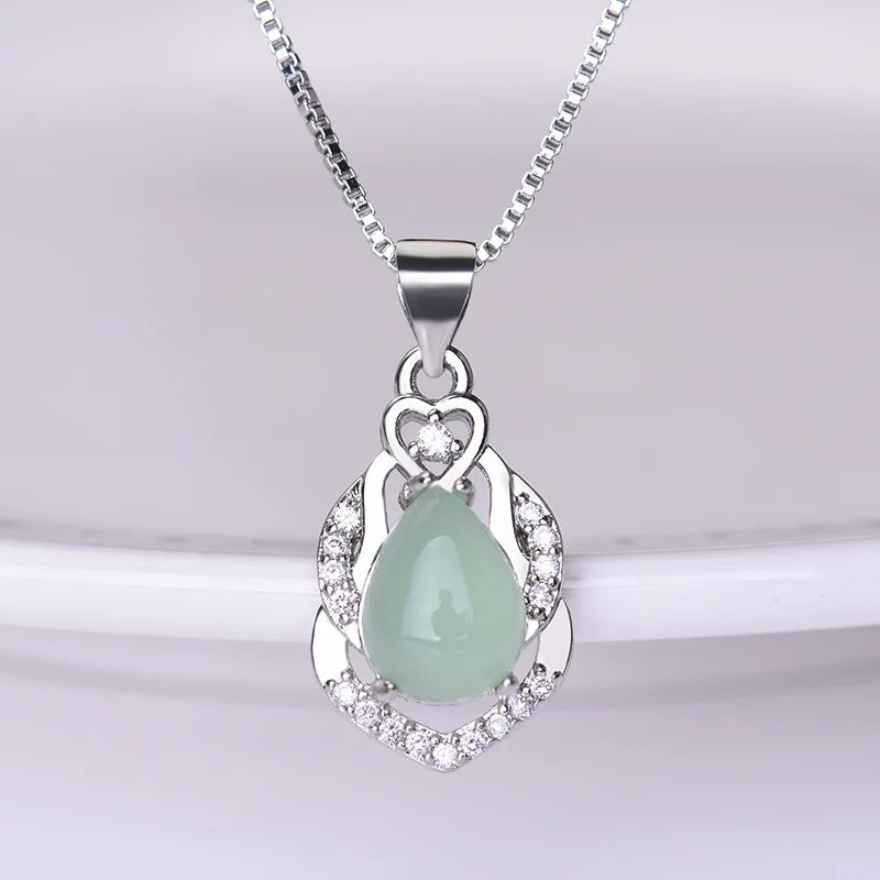 Green Jade Drop Pendant Necklace 925 Silver Jadeite Chalcedony Amulet