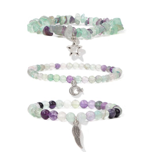 Lucite Fluorite Bracelet Set 3pcs Sun Wing Charm Star Beads Bangles