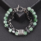 Malachite Peacock Stone Beaded Bracelet Stainless Steel Chain Yoga Healing