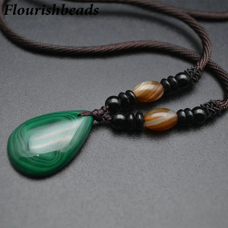 Malachite Stone Water Drop Pendant Necklace Vintage Jewelry