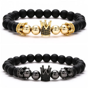 Matte Stones Copper Beads Zircon Crown Bracelet Men Stretch Couples Jewelry