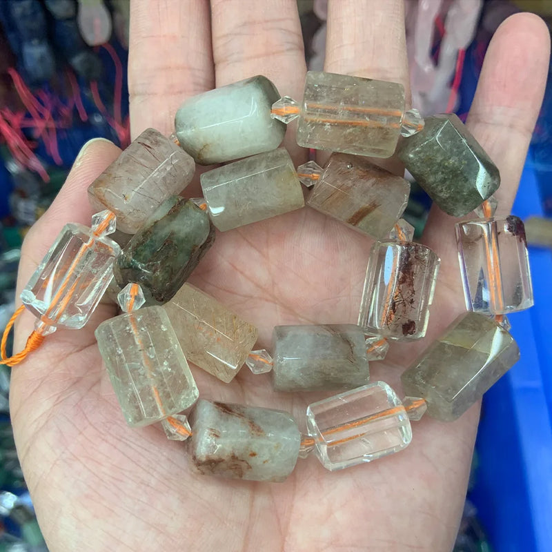 Rutilated Quartz Beads 15'' Sticks Column Barrel DIY Loose Beads