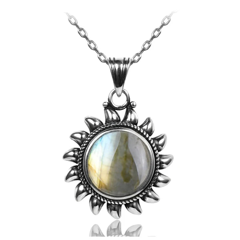 Sun Shape Moonstone Labradorite 925 Silver Pendant Necklace