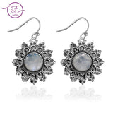 Moonstone Round 6MM 925 Silver Earrings Vintage Chrysanthemum - Engagement Party