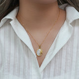 Mother Of Pearl Half Sun Face Pendant Necklace Stainless Steel Chain 18K Plated