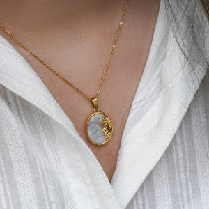 Mother Of Pearl Half Sun Face Pendant Necklace Stainless Steel Chain 18K Plated