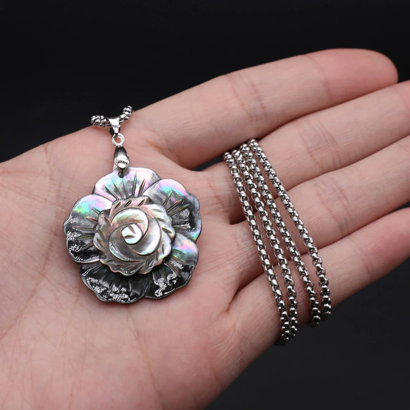 Mother of Pearl Shell Flower Pendant Necklace Chokers Stainless Steel Chain