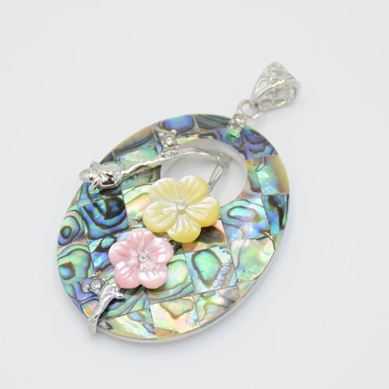 Oval Flower Bead Pendant Abalone Shell Necklace