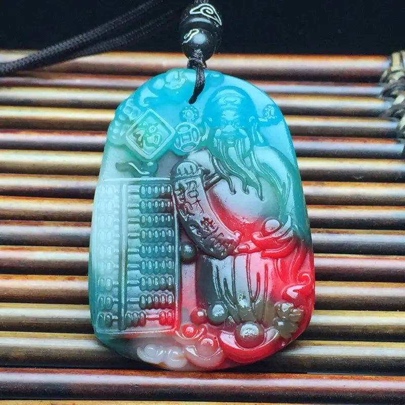 Natural Multicolour Jade God of Wealth Abacus Pendant Necklace