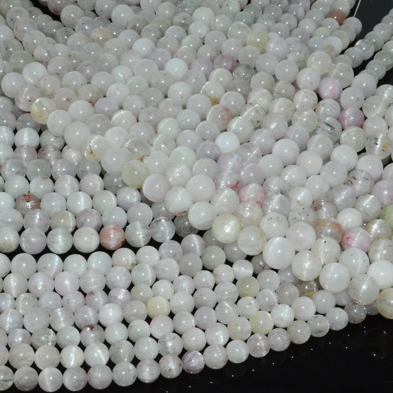 Natural Kunzite + Hiddenite Round Beads 7-9mm, Cat's Eye Flash