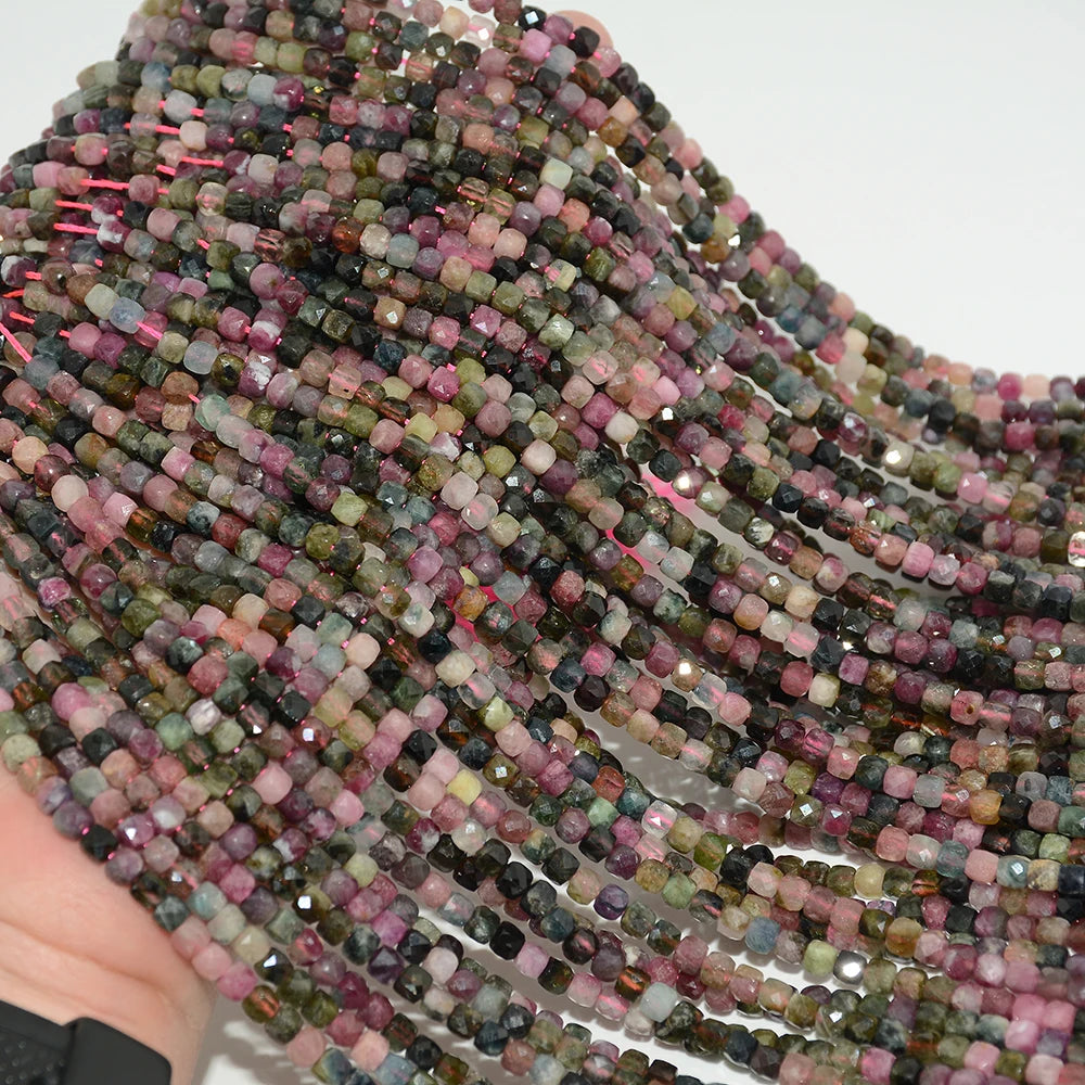 Natural Multi-Tourmaline Irregular Faceted Cube Bead 4mm