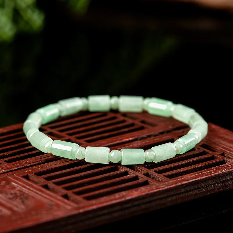Natural Myanmar A Jadeite Light Green Beads Hand String Bracelet Women's Jewelry