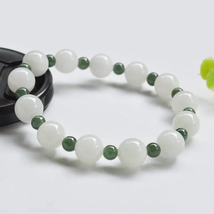 Natural Myanmar A Jadeite Hand-Carved Round Beads Green Jade Bracelet